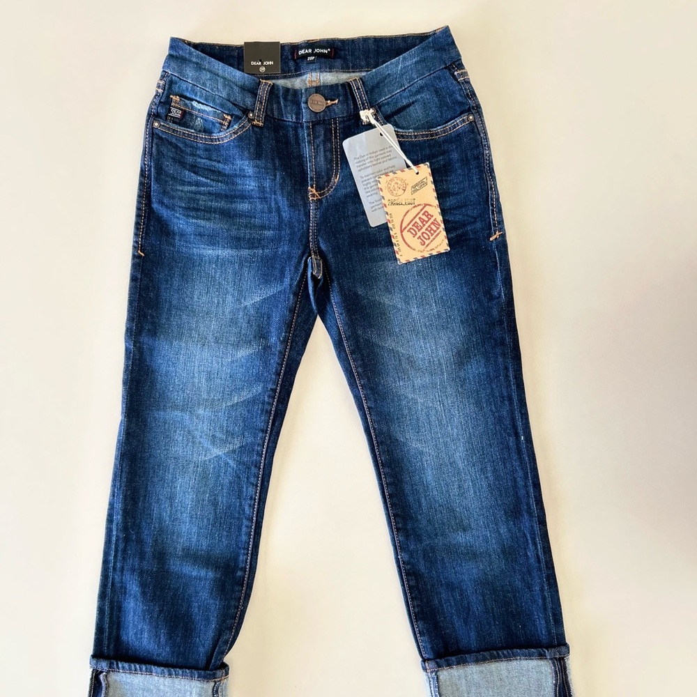 NWT - Dear John Women’s Blue Ankle Cropped Straight Leg Jean Rolled Hem Size 25P